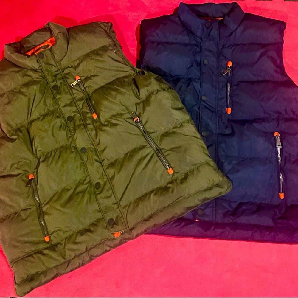 2 ORVIS XL GOOSE DOWN PUFFER filled nylon VEST Dk Blue and Army Green “Mint”